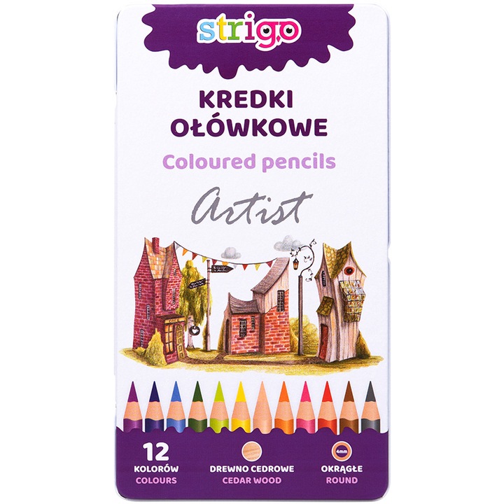 Цветни моливи Strigo Colorate Artist, 12 цвята, Метална кутия