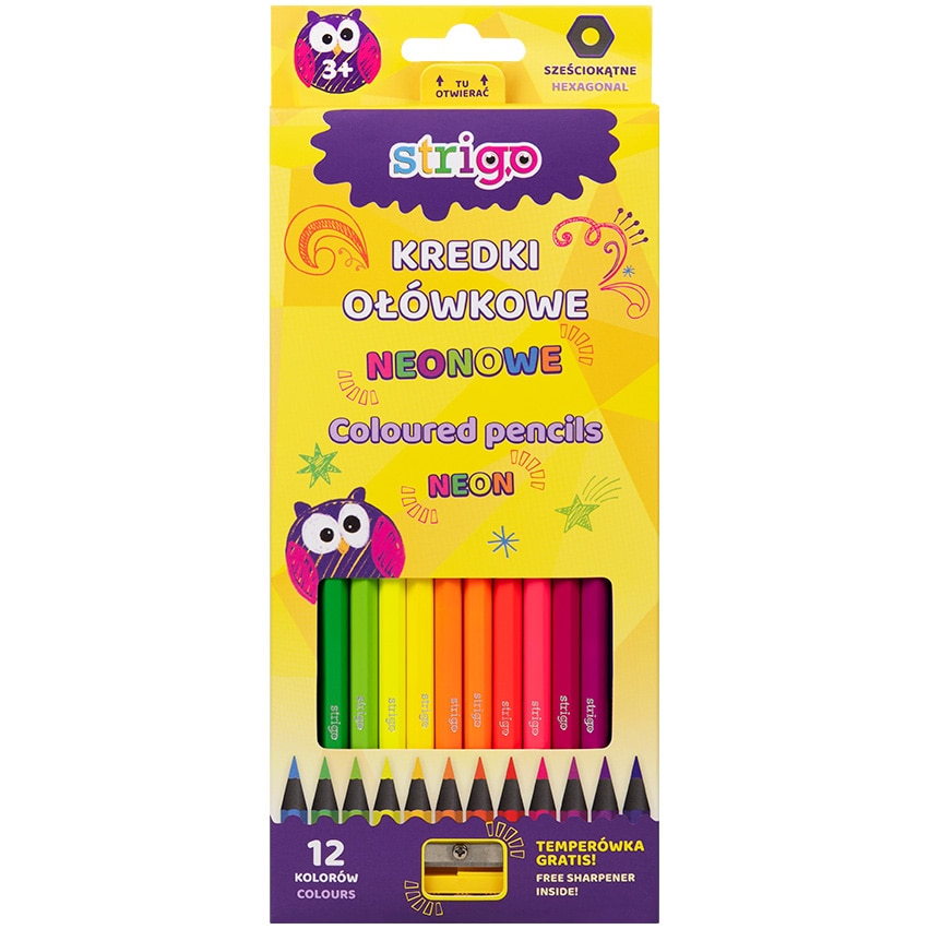 Creioane Strigo Colorate Hexagonale Neon 12 Culori Cu Ascutitoare