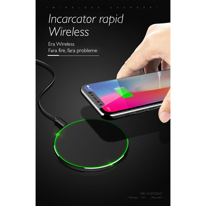 Incarcator wireless de birou rotund Loowoko™ X9, 10W Fast Charge, lumina led, compatibil Samsung, Apple, Huawei, Sony, Nokia, Xiaomi, Lenovo, Oppo, Negru