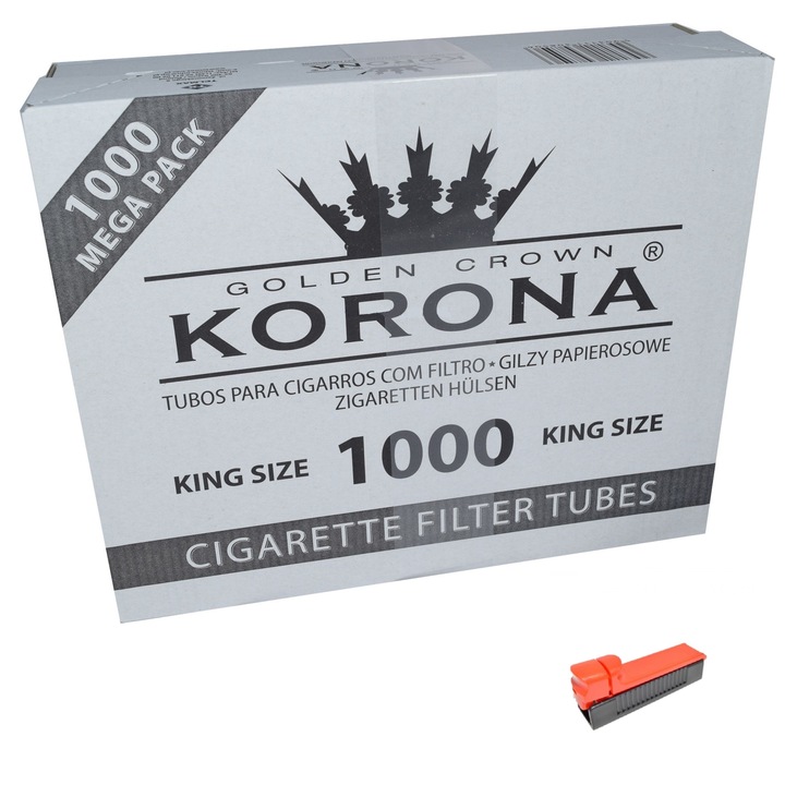 Set Tuburi tigari Korona, dimensiune standard, tuburi cu filtru alb carbon activ, 1000 bucati plus aparat injectat tutun simplu