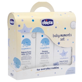 Pachet Chicco Baby Moments : Sampon 200 ml, Spuma baie 200 ml si apa de colonie 100 ml Pachet Chicco Baby Moments : Sampon 200 ml, Spuma baie 200 ml si apa de colonie 100 ml