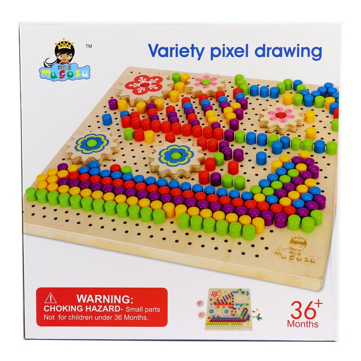 Joc Educativ si Distractiv din lemn, Mozaic Pixel cu Carticica modele, Multicolor, 257 piese, + 3 ani