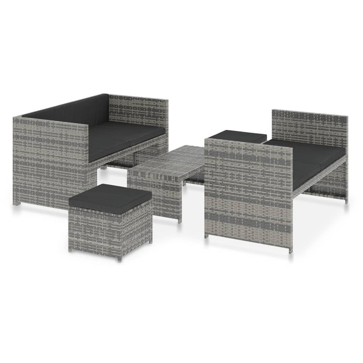 Set mobilier de gradina cu perne vidaXL, 5 piese, gri, poliratan, 40.78 kg