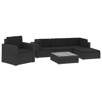 Set mobilier de gradina 6 piese canapea masa si taburet, vidaXL, Poliratan, 70 x 70 x 52,5 cm, Negru Set mobilier de gradina 6 piese canapea masa si taburet, vidaXL, Poliratan, 70 x 70 x 52,5 cm, Negru