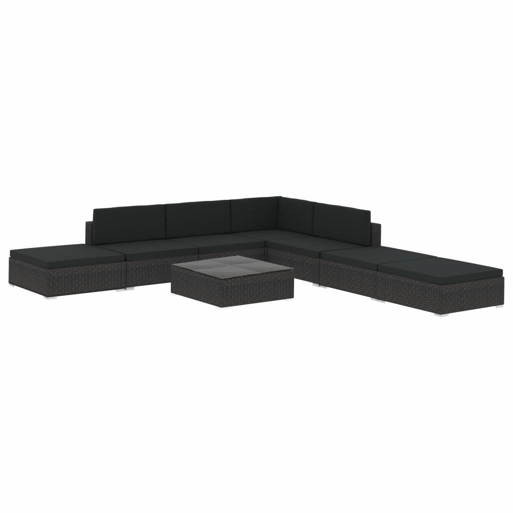 Set mobilier de gradina 8 piese masa canapea si taburet, vidaXL, Poliratan, 74 x 74 x 26 cm, Negru