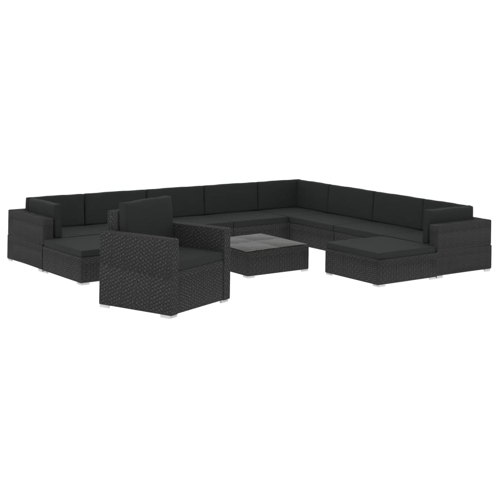 Set mobilier de gradina 12 piese masa canapea si taburet, vidaXL, Poliratan, 70 x 70 x 52,5 cm, Negru