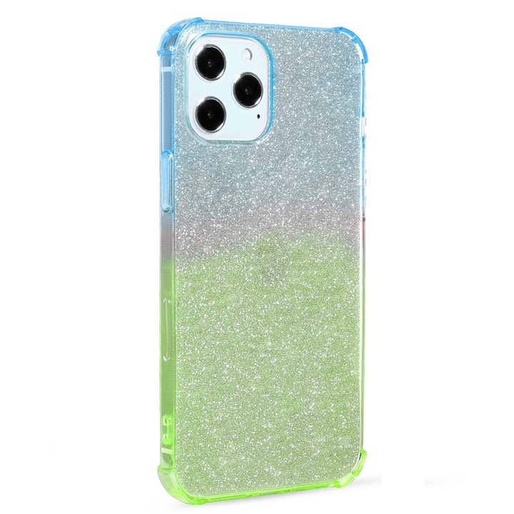 Husa de protectie Samidy pentru iPhone 12, Model in degrade, Autocolant cu sclipici, Bleu/Verde