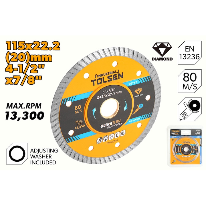 Disc diamantat continuu TOLSEN 115x22.2x1 mm, Ultra subtire, Taiere umeda si uscata, Precizie si viteza ridicata, Uz industrial si profesional