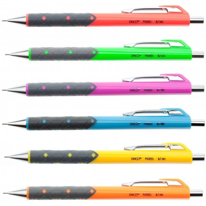 Set 12 Creioane Mecanice DACO Picatel, Mina de 0.5 mm, Corp din Plastic cu Grip Ergonomic, Culoare corp Multicolor