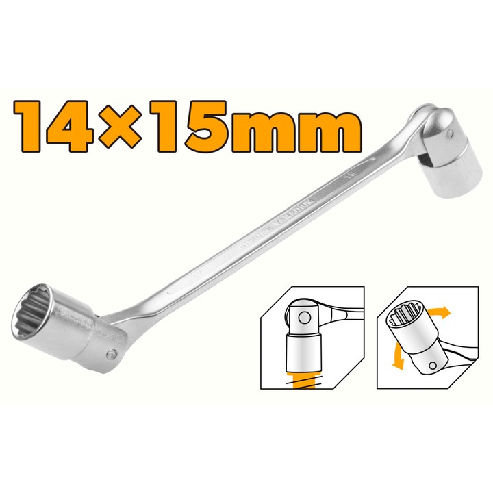 Cheie Dubla Tubulara cu Capat Rotativ TOLSEN 14x15 mm, Cr-V, Finisaj Cromat