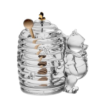 Borcan Cristal Bohemia pentru depozitare miere cu lingura lemn Borcan Cristal Bohemia pentru depozitare miere cu lingura lemn