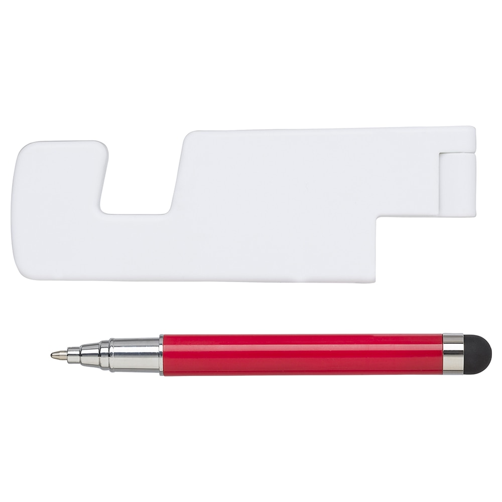 Suport de birou pentru telefon sau tableta, pliabil, alb, cu stylus rosu