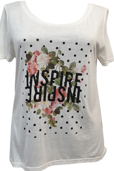 Tricou dama,Tally Weijl,alb cu imprimeu floral si text,XS Tricou dama,Tally Weijl,alb cu imprimeu floral si text,XS