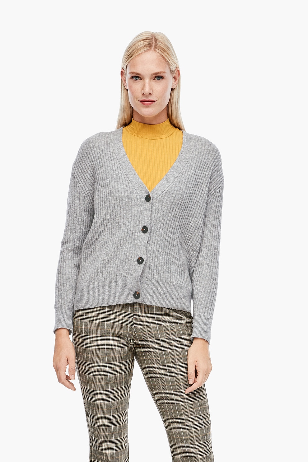 s.Oliver, Cardigan din amestec de lana cu striatii si decolteu in V, Gri