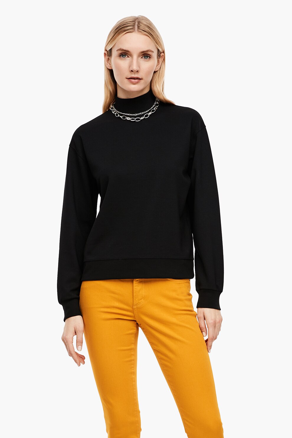 s.Oliver, Bluza sport cu maneci cazute si guler rigid, Negru