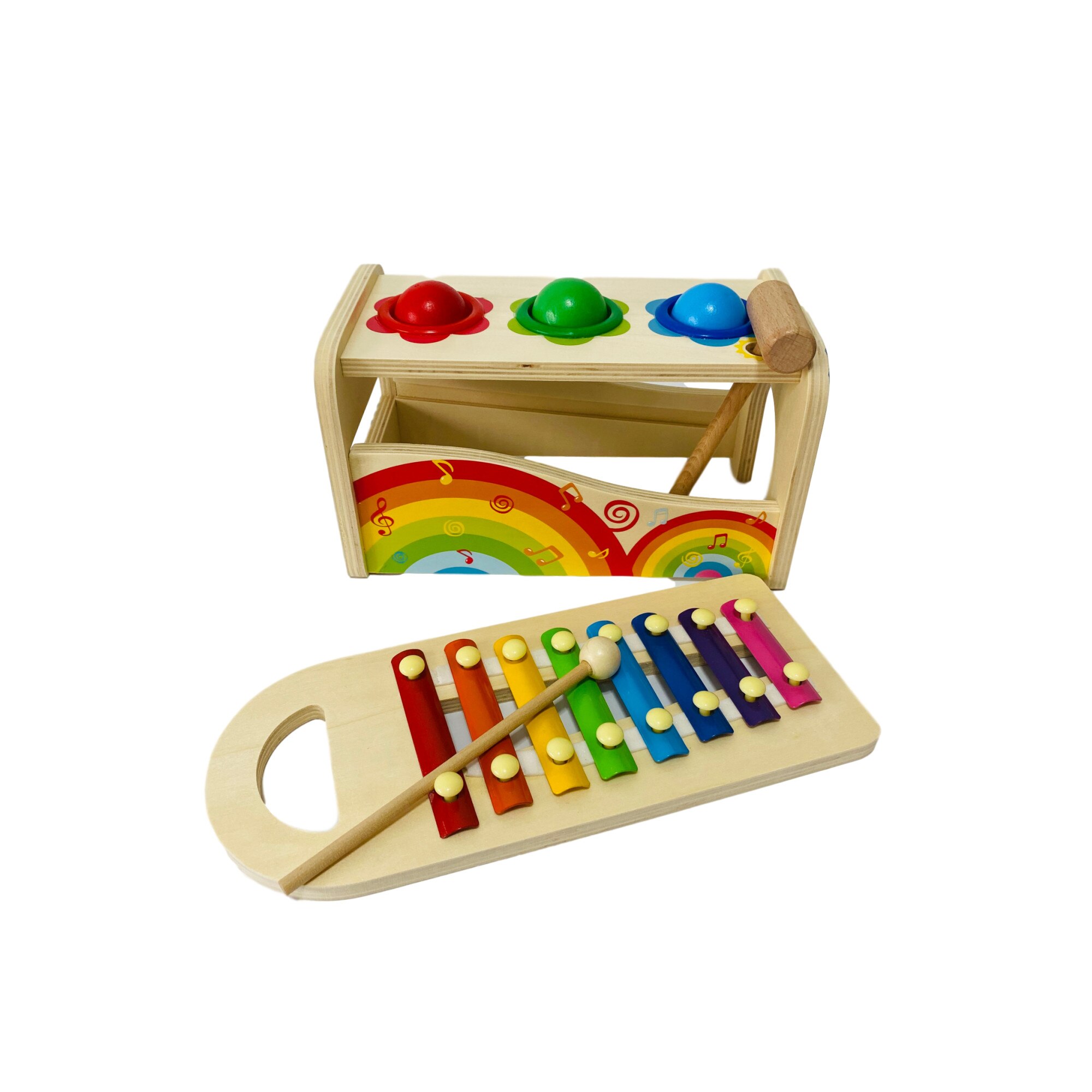 Jucarie educativa 2 in 1, xilofon si ciocanel cu bile, din lemn, Unitoys