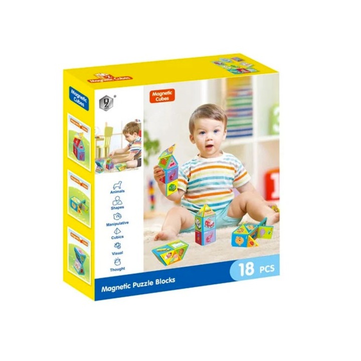 Joc constructiI magnetice si puzzle Magnetic Cubes, 18 piese, multicolor