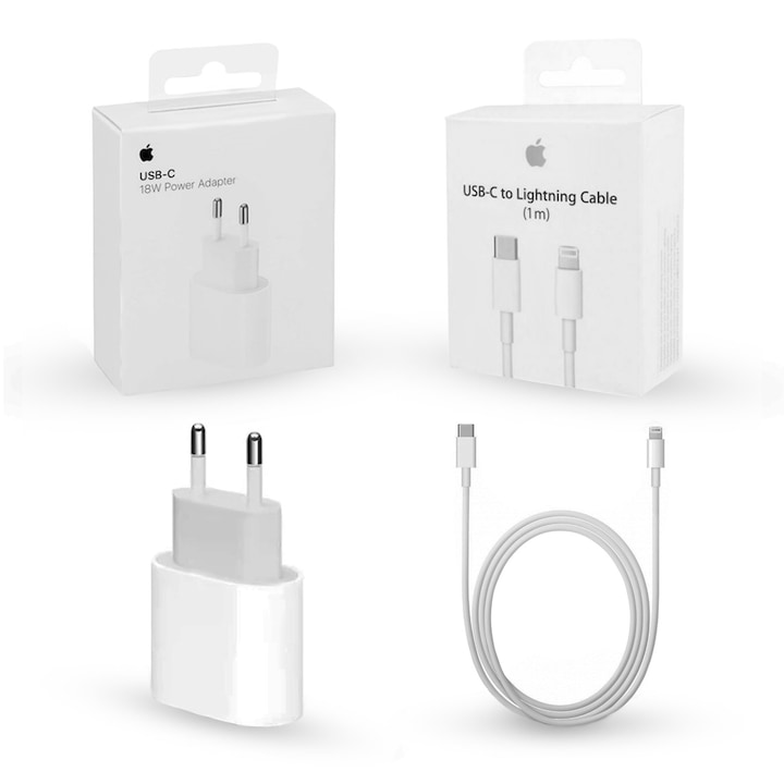Комплект Apple, за iPhone 12, 18 W, Бързо зареждане, USB-C кабел за данни
