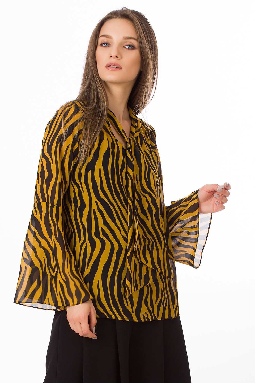 Sense, Bluza cu imprimeu zebra si funda din panglici, Galben mustar/Negru, XL