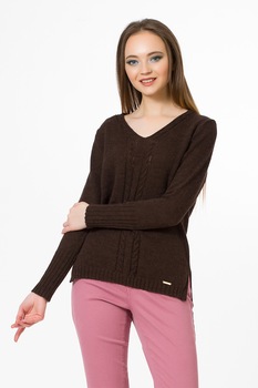Sense, Pulover din amestec de lana si lana alpaca cu detalii cu model torsade, Maro, 2XL Sense, Pulover din amestec de lana si lana alpaca cu detalii cu model torsade, Maro, 2XL