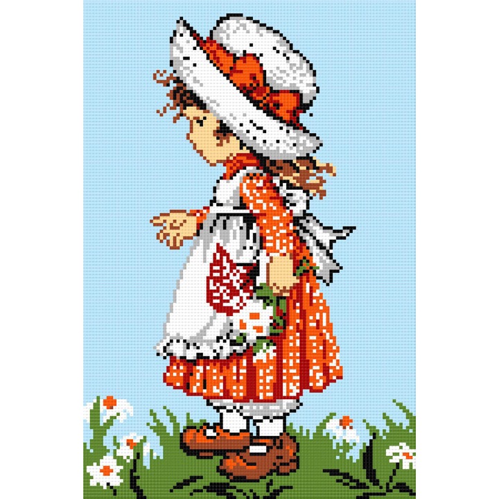 Goblen Fetita cu flori , Hudemas , kit goblen cu diagrama alb negru , cu fire mouline