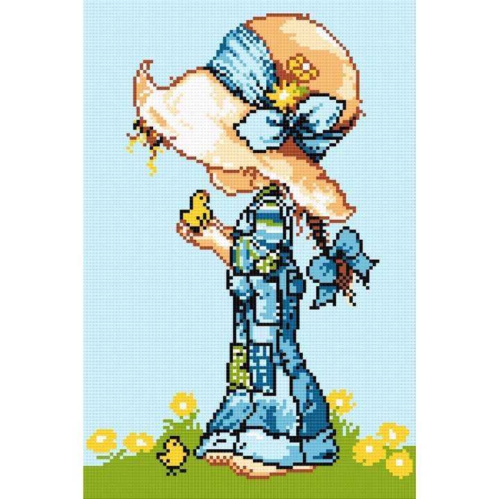 Goblen Fetita cu puisori , Hudemas , kit goblen imprimat pe panza , cu fire mouline