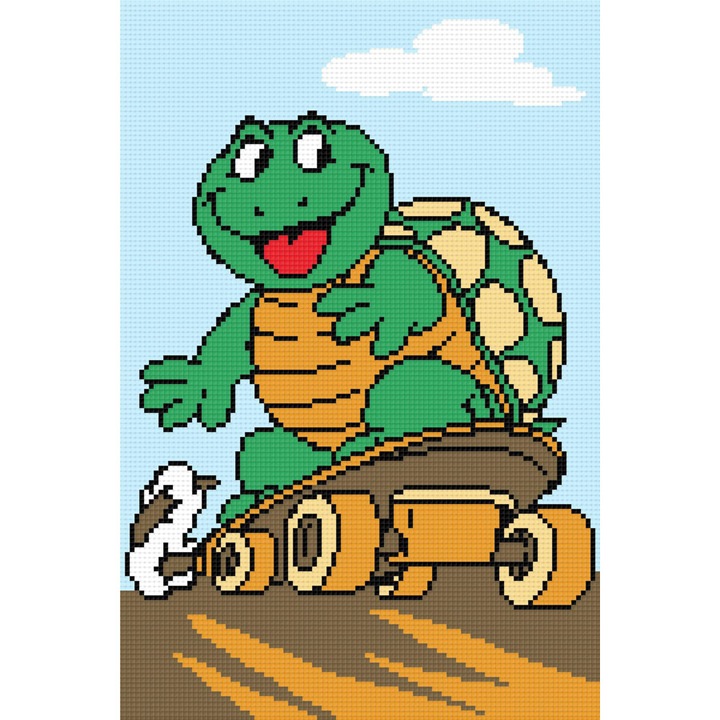 Goblen Testoasa pe skateboard , Hudemas , kit goblen cu diagrama alb negru , cu fire mouline