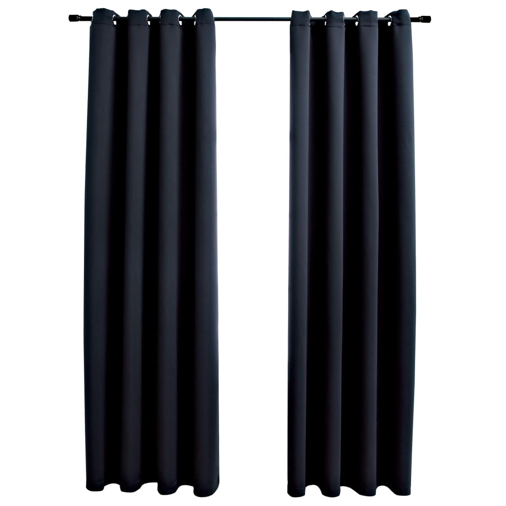 Set de 2 draperii opace cu inele metalice, vidaXL, Tesatura, 140 x 225 cm, Negru