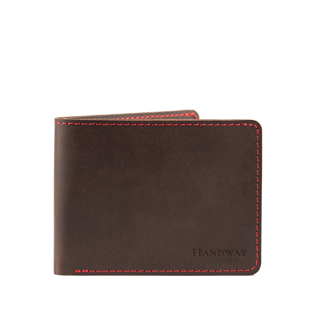 Portofel din piele naturala Crazy Horse, Handway, Classic, Premium, Realizat manual, Compartiment buletin, Maro Aspect vintage, Culoare cusatura: Rosu