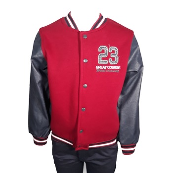 Jacheta baieti , din bumbac, rosu inchis cu maneci gri din piele ecologica, 116 cm, 6 ani Jacheta baieti , din bumbac, rosu inchis cu maneci gri din piele ecologica, 116 cm, 6 ani