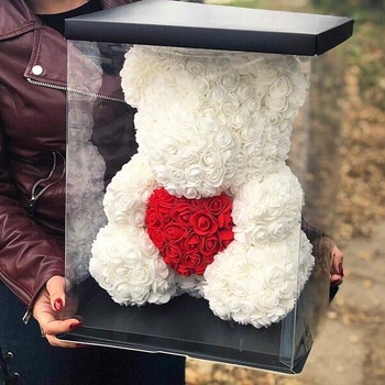 Ursulet din trandafiri de spuma, teddy bear alb inimioara rosie, 40cm, handmade, cutie transparenta Ursulet din trandafiri de spuma, teddy bear alb inimioara rosie, 40cm, handmade, cutie transparenta