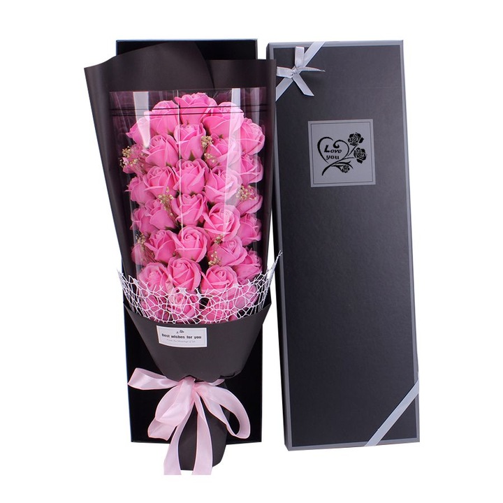Buchet bogat trandafiri de sapun, 33 bucati, ambalaj cutie cadou, culoare roz