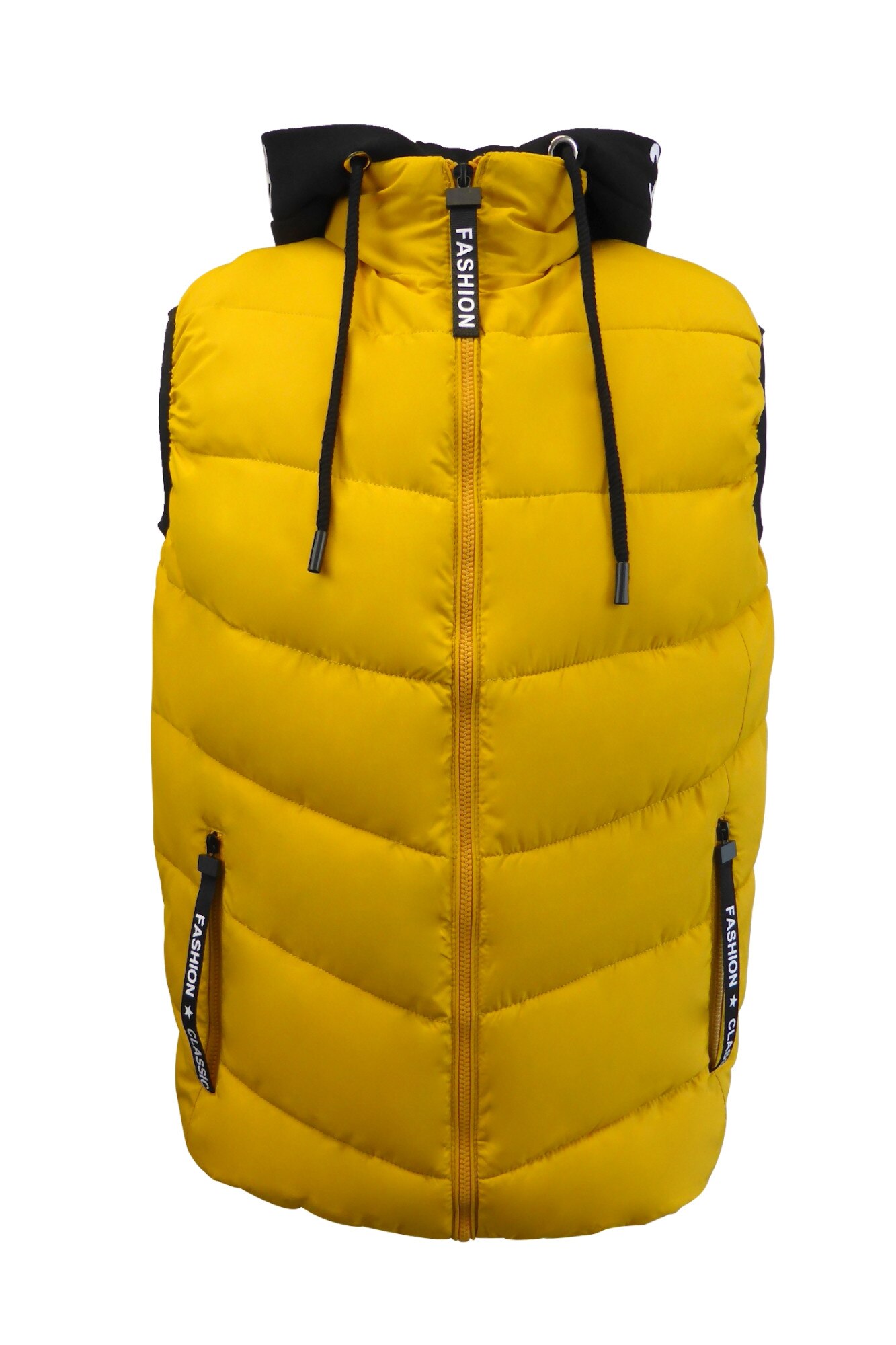 Vesta matlasata barbati, UNIVERS FASHION, galben cu gluga imprimeu 