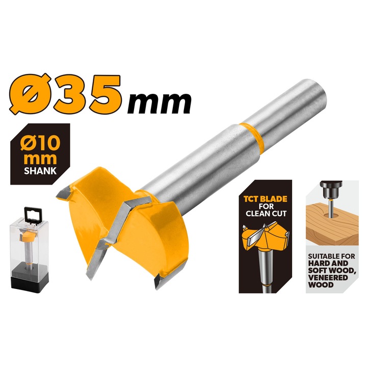 Freza TOLSEN 35 mm TCT, lama vidia, lungime totala 80 mm, prindere 10 mm, corp forjat dintr-o bucata, pentru gaurire precisa in lemn si materiale dure