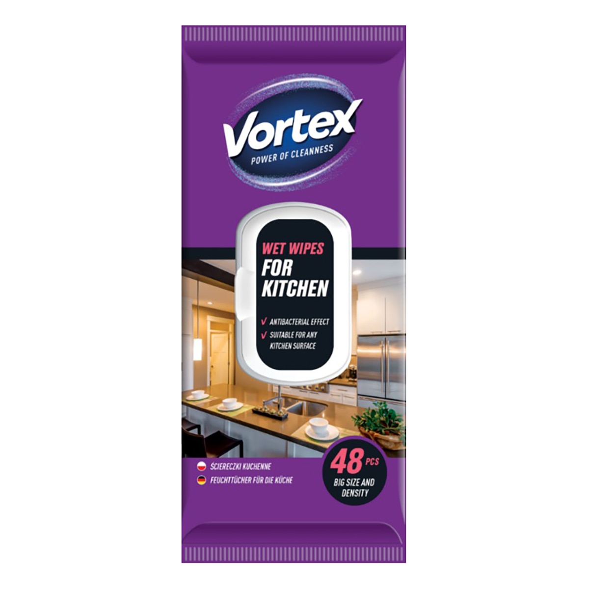 Servetele umede cu efect antibacterian pentru suprafetele din lemn si plastic, 48 buc, VORTEX