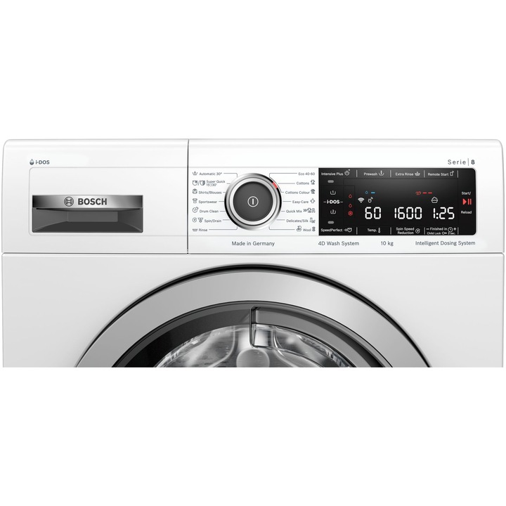 Masina de spalat rufe Bosch WAX32KH1BY, 10 kg, 1600 RPM, Clasa C, Home Connect, i-DOS, EcoSilence Drive, Super Quick 30, Alb