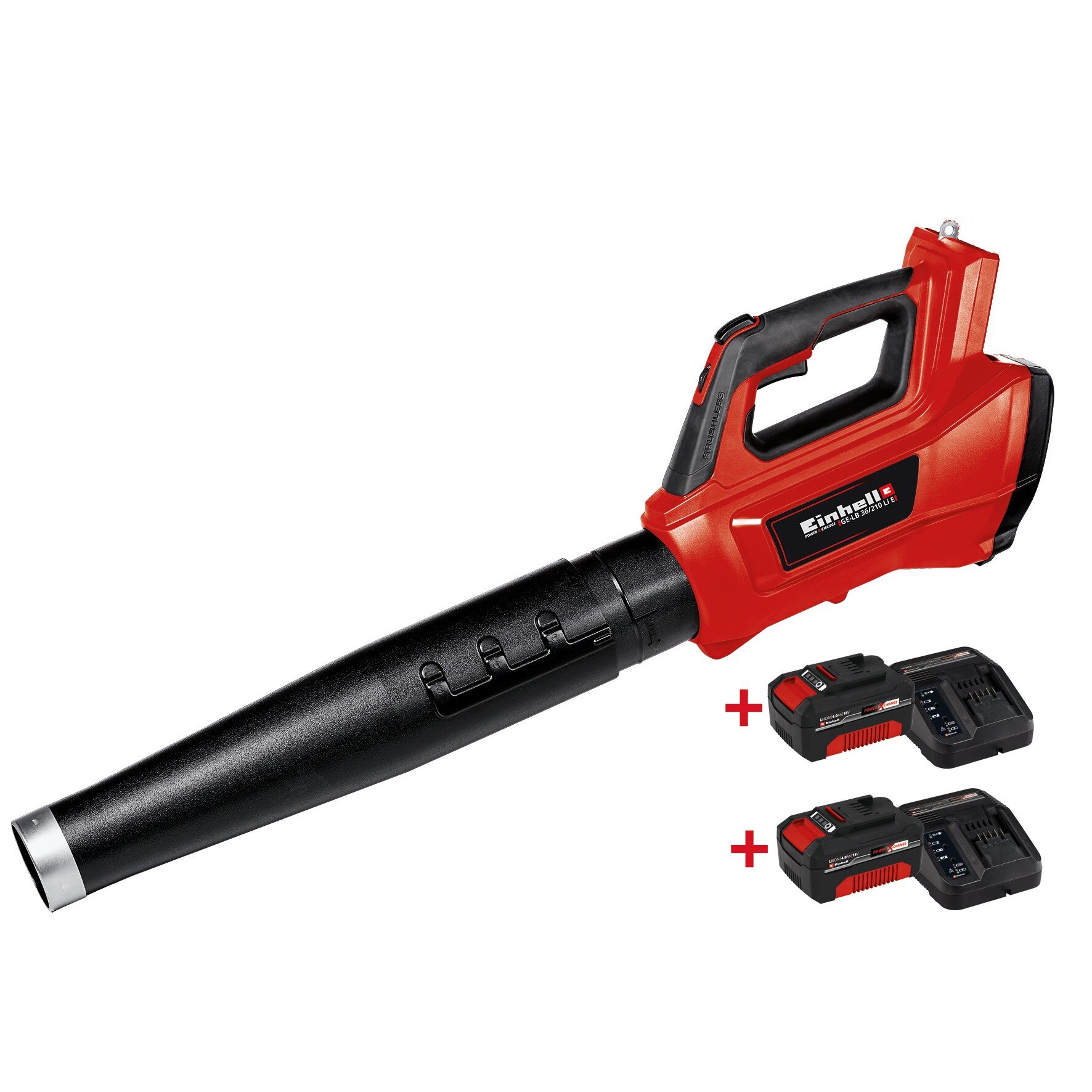 Suflanta pentru frunze Einhell Power X-Change GE-LB 36/210 Li E-Kit, 36 V (2x18 V), brushless, viteza flux aer 210 km/h, volum de aer max. 816 mc/h + 2 incarcatoare rapide + 2 acumulatori de 4,0Ah