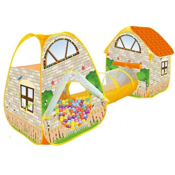Loc de joaca 3 in 1 Brick House ideal pentru copii material textil lavabil, format din o casuta, un cort si tunel intermediar, 250 cm x 110 cm x 100 cm