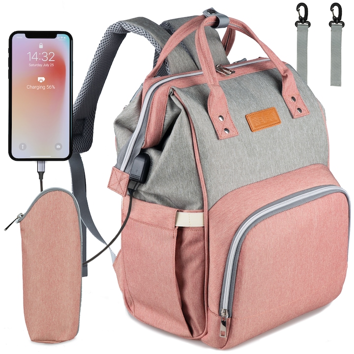 Чанта за количка NEVEQ, многофункционална раница за бебешки принадлежности, сиво и розово