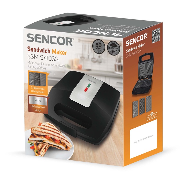 Sandwich-maker, Sencor, 700W, 3 placi inlocuibile, Negru