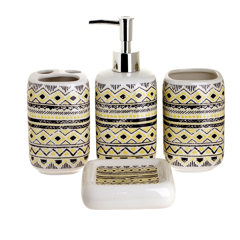 Set 4 piese pentru baie din ceramica cu model negru cu galben 25,5Χ21,5Χ8 cm