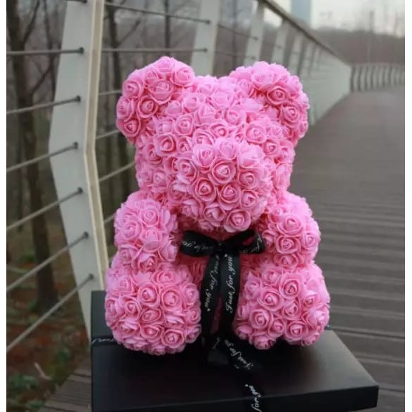 Ursulet din trandafiri de spuma, urs floral roz cu cristale, 40cm ...