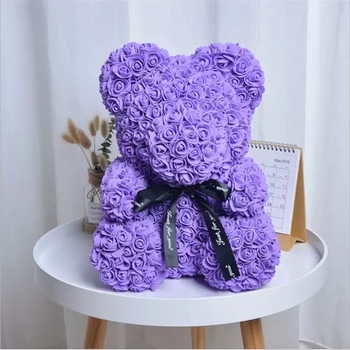 Ursulet din trandafiri de spuma, teddy bear mov, 40cm, handmade, cutie transparenta Ursulet din trandafiri de spuma, teddy bear mov, 40cm, handmade, cutie transparenta