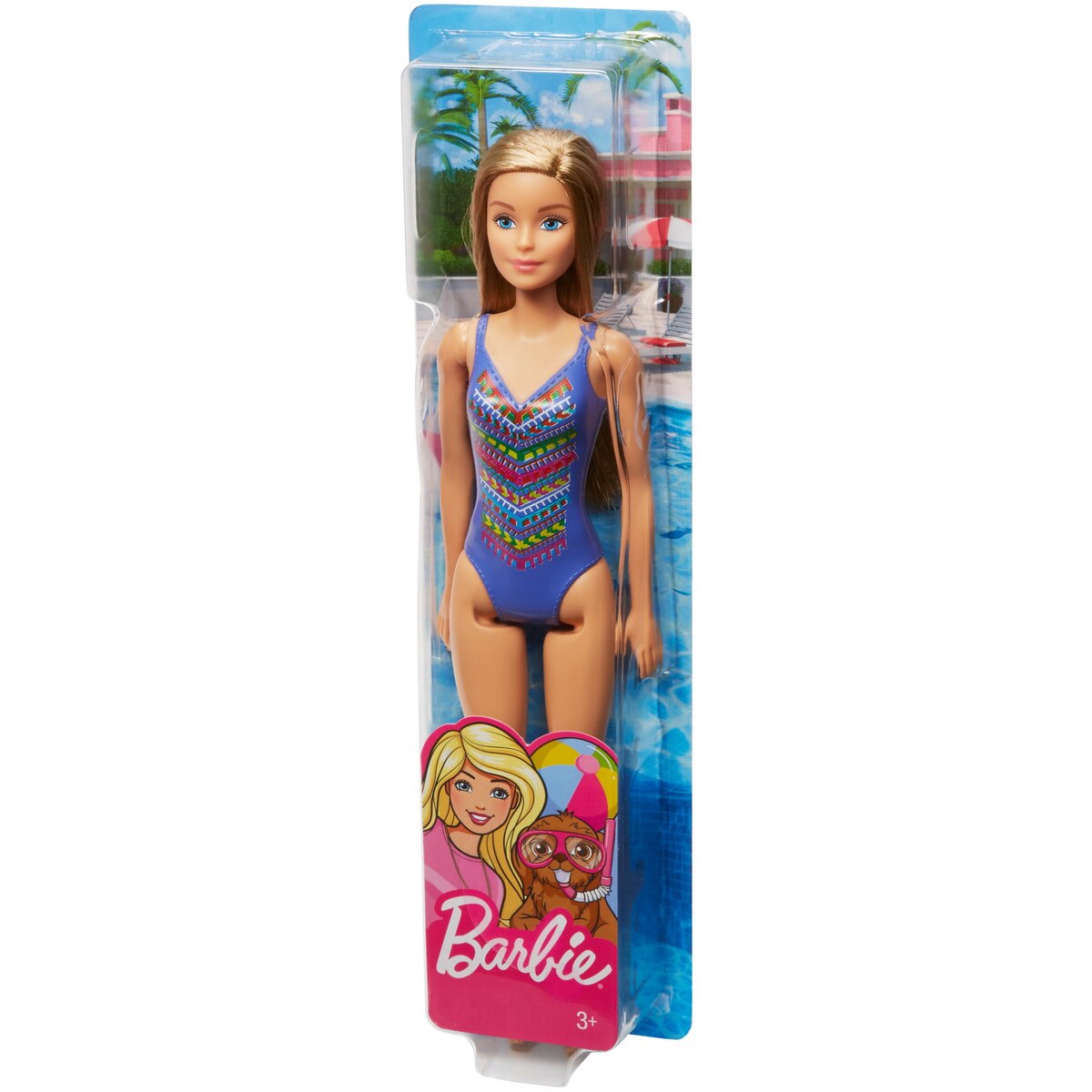 Papusa Barbie cu costum de baie albastru, blonda