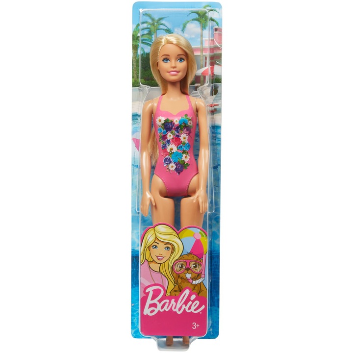 Papusa Barbie cu costum de baie roz, blonda