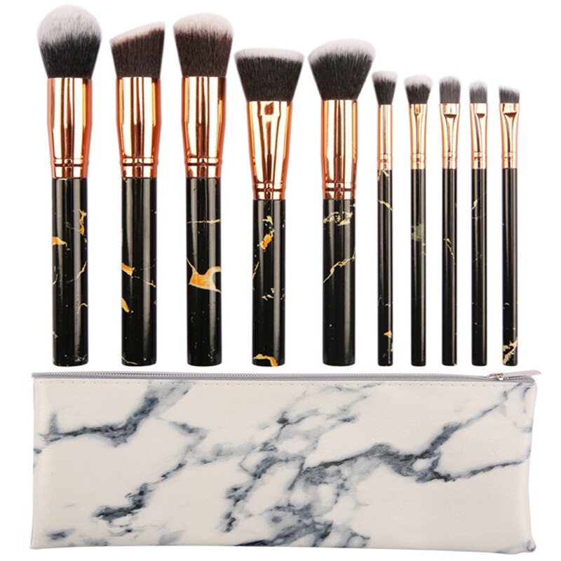 Set 10 pensule machiaj, ASKSA, include geanta mica pentru depozitare, maner Negru