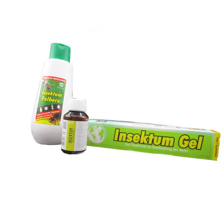 Pachet dezinsectie casa, 1 buc Insektum pulbere 450gr + 1 buc Insektum gel 35gr +1 buc Insektum Forte 100 ml