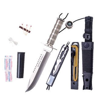Set cutit si kit de supravietuire cu 9 elemente, Battle King-1 Joker, lama de 25 cm, otel inoxidabil, maner aluminiu cu functie de carcasa pentru kit, teaca nailon/PVC negru Set cutit si kit de supravietuire cu 9 elemente, Battle King-1 Joker, lama de 25 cm, otel inoxidabil, maner aluminiu cu functie de carcasa pentru kit, teaca nailon/PVC negru