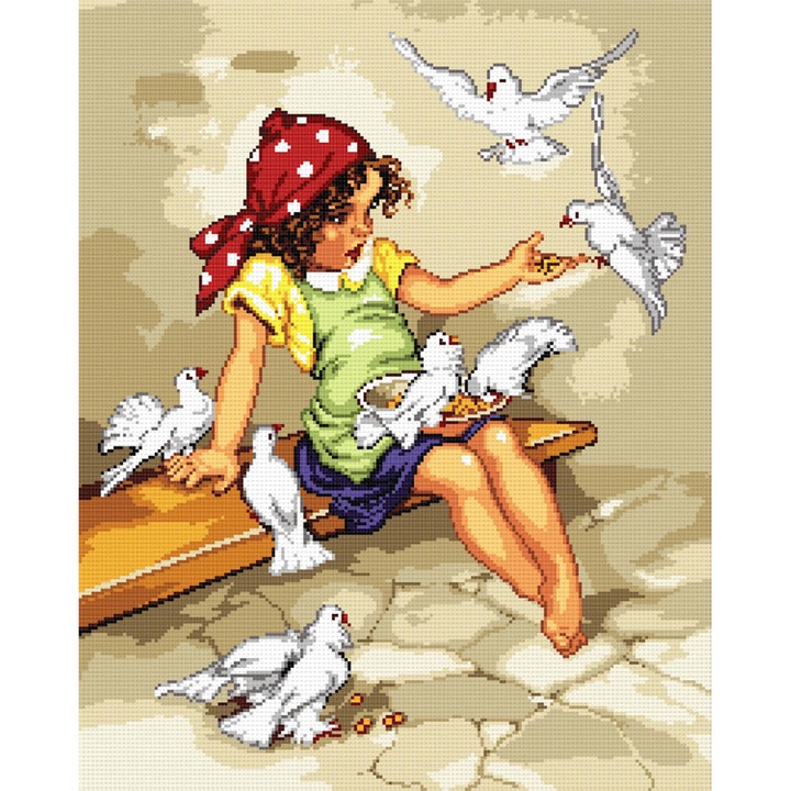 Goblen fetita cu porumbei , Hudemas , kit goblen imprimat pe panza , cu fire mouline