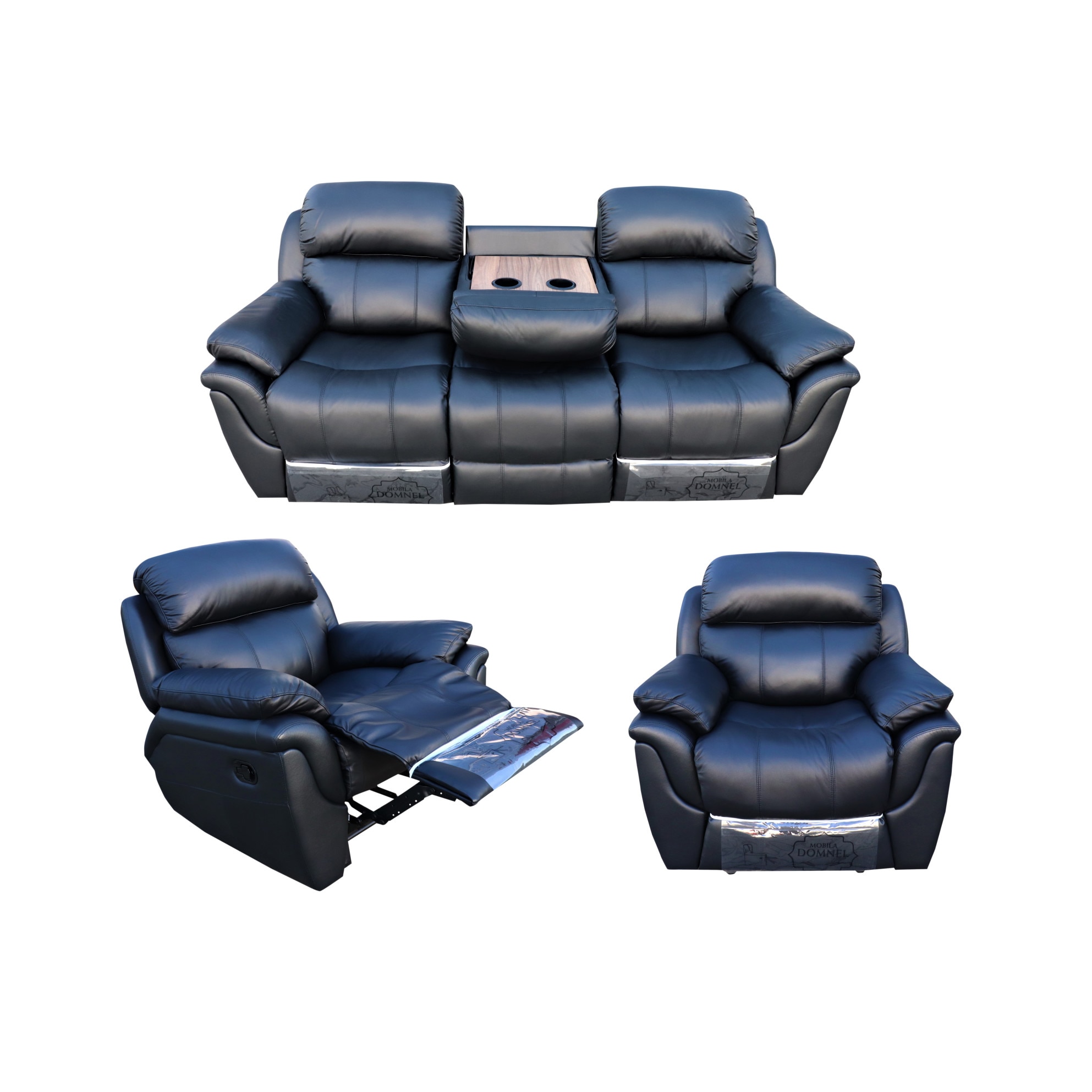 Set Piele Naturala Md.2458, Canapea 3 locuri cu 2 reclinere manuale si accesoriu de masuta cu suport de cafea 2 fotolii cu reclinere manuale, Piele naturala suprafata de contact, Negru (B-113)